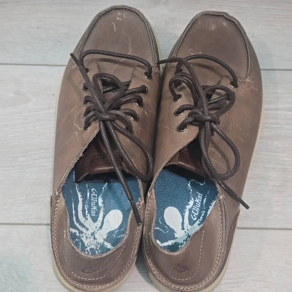 Olukai Men's Nalukai Brown Boat Shoes Oxford Sneakers Leather Shoes Sz 10